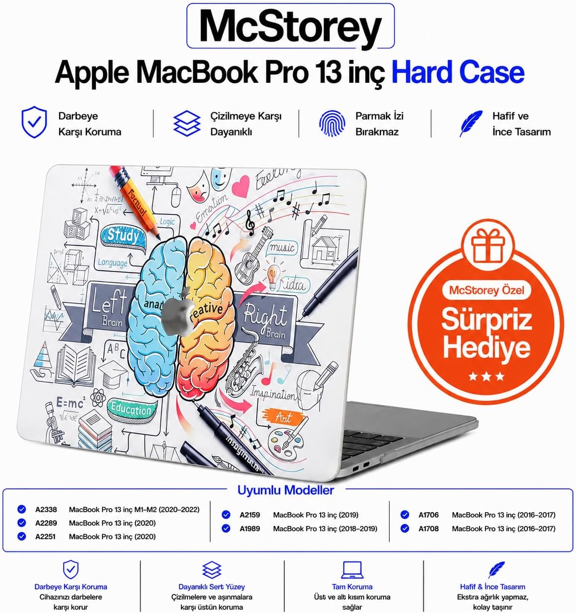 MacBook Pro 13 Baskılı Kılıf A1706 A1708 A1989 A2159 A2251 A2289 A2338 M1 M2 Uyumlu Sert Kılıf İnce Hafif Koruyucu Kapak Beyaz