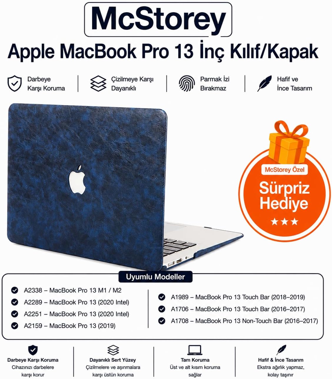 MacBook Pro 13 İnç Kılıf A2338 M1 M2 Uyumlu Deri Dokulu Sert Koruyucu Hard Case A1706 A1708 A1989 A2159 A2251 A2289 Lacivert