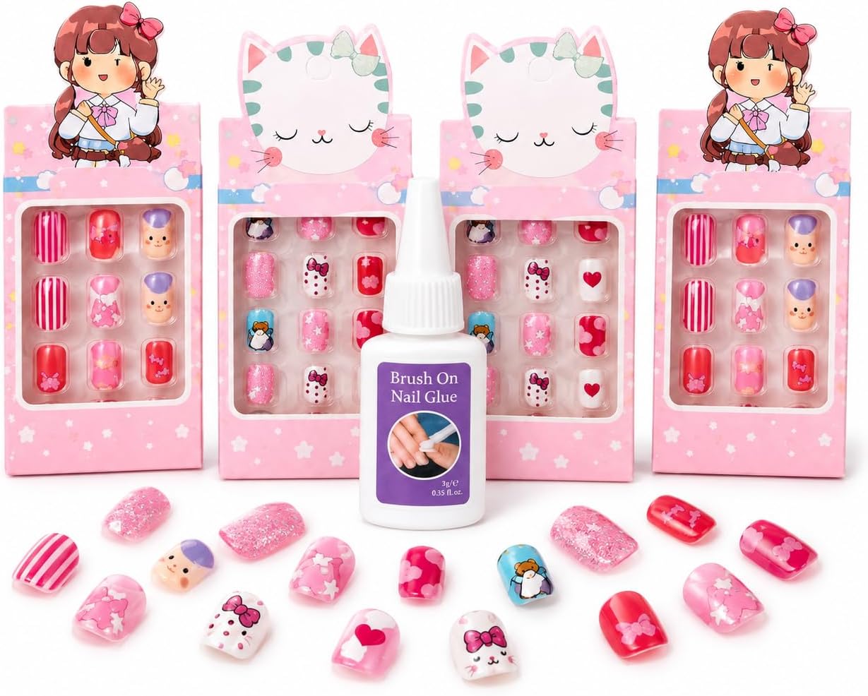 4'lü Çocuk Takma Tırnak Seti, Sevimli Karakterli Yapıştırmalı Çocuk Tırnakları, Kolay Tak Çıkar, Güvenli, Renkli Nail Art Oyun Seti, Kız Çocukları İçin Hediye, Prenses Temalı, 4 Farklı Desen.