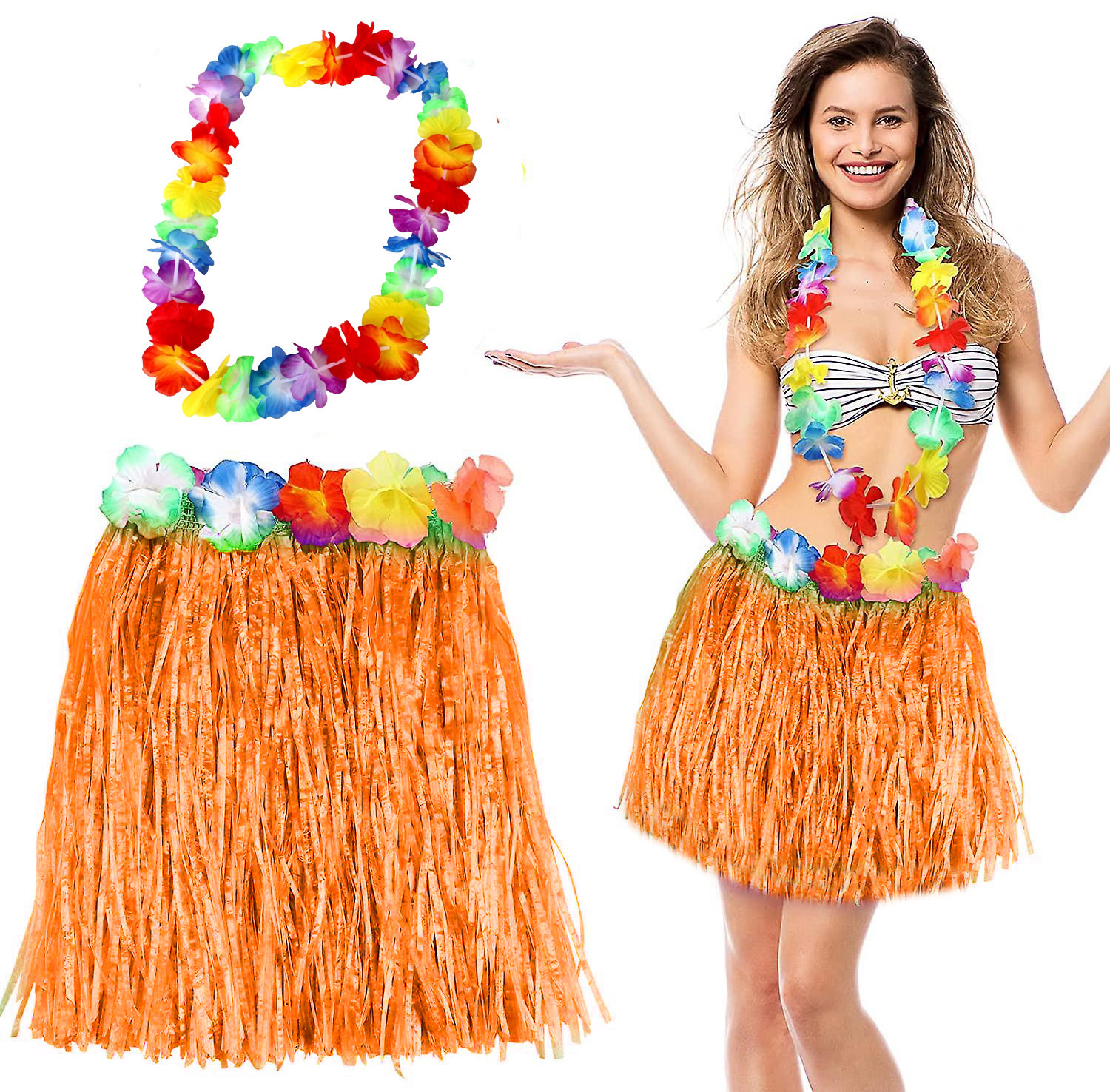 Hawaii Luau Aloha Turuncu Püsküllü 40 cm Etek ve Hawaii Kolye Seti