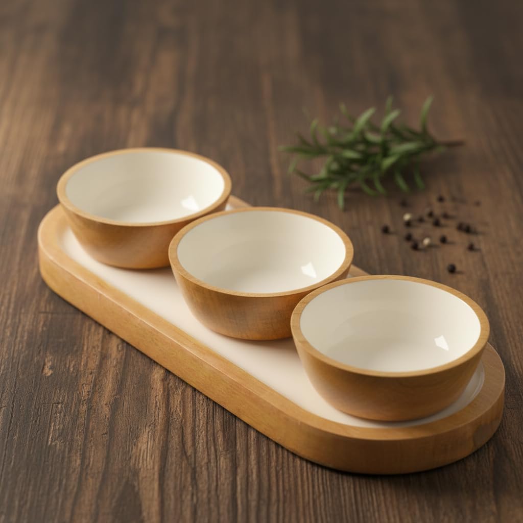 Mango Ağacı Standlı 3'lü Kase Seti - İçi Emaye Kaplama Doğal Ahşap Çerezlik ve Sosluk - 30 cm Sunum Tepsili Dekoratif Set (DÜZ DESEN)