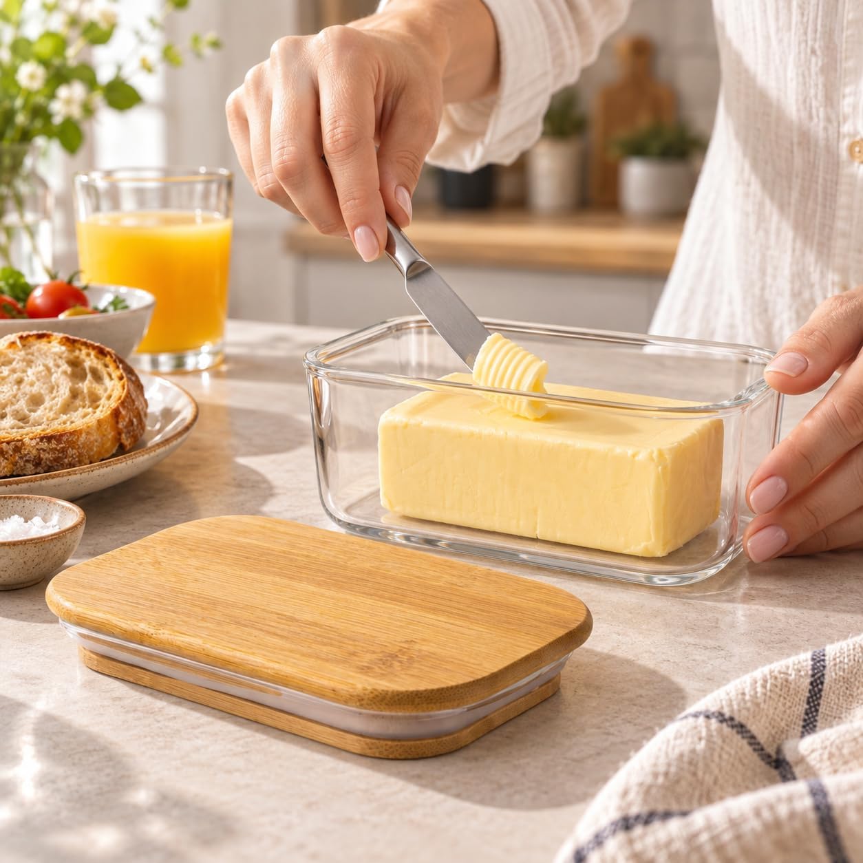 Bambu Kapaklı Borosilikat Cam Tereyağı Kavanozu 12 × 8 × 5 cm, Dikdörtgen Şeffaf Tereyağlık, Contalı Kapak, Kahvaltılık Saklama ve Sunum Kabı, 1 Adet