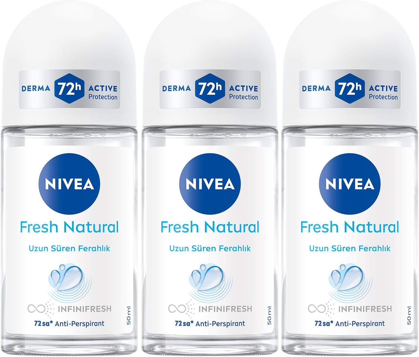 Kadın Roll-On Deodorant Fresh Natural 50 ml,72 Saat Anti-perspirant Koruma, Eşsiz Fresh Koku,x3 Adet