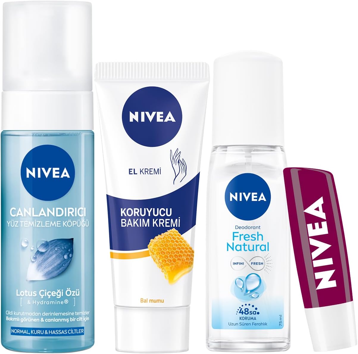 Kadın Pump Deodorant Fresh Natural 75ml, Canlandırıcı Yüz Temizleme Köpüğü 150ml, Koruyucu Balmumu El Kremi 75ml, Böğürtlen Dudak Bakım Kremi