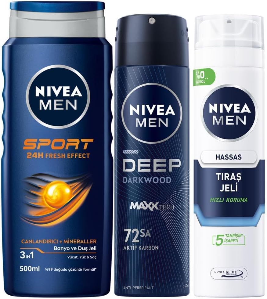MEN Erkek Duş Jeli Sport 500ml, Hassas Tıraş Jeli 200ml ve Deep Dimension Sprey Deodorant 150ml