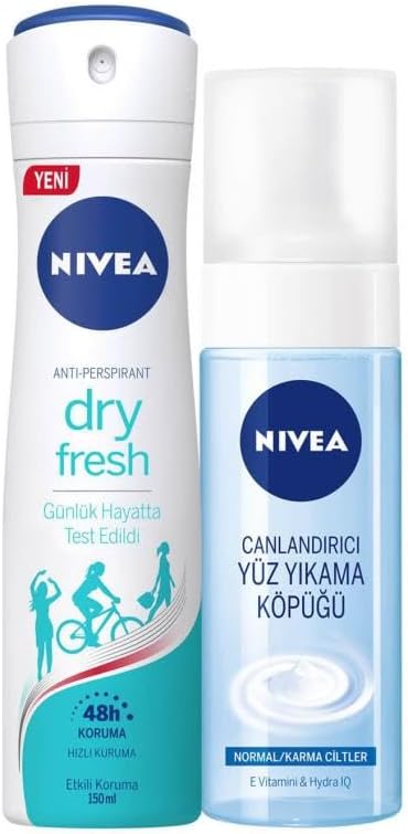 Kadın Sprey Deodorant Dry Fresh, 48 Saat Anti-Perspirant Koruma 150ml ve Yüz Yıkama Köpüğü Canlandırıcı, Normal Ciltler 150ml