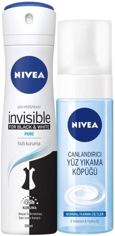 Kadın Sprey Deodorant Black&White Invisible Pure 150ml ve Yüz Yıkama Köpüğü Canlandırıcı, Normal Ciltler, 150ml