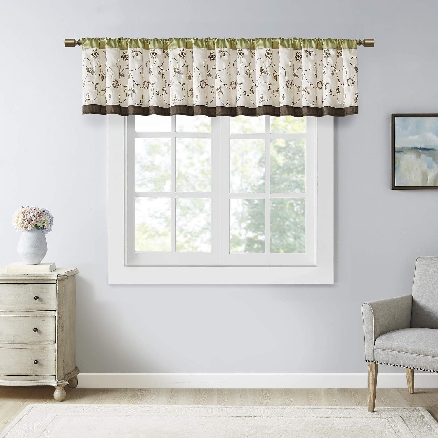 Serene Nakış Oda-Koyu Saçaklı Pencere İşlem Çubuğu Cep/Arka Sekme Kısa Drape, 127 x 45 cm, Yeşil