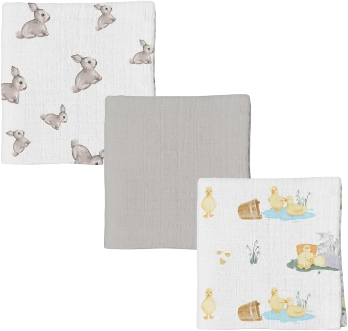 % 100 Pamuk 3'lü Müslin Bebek Örtüsü Iconıque Lapin & Petits Canetons & Cotton Grey 100x100 THROW3PACK1003