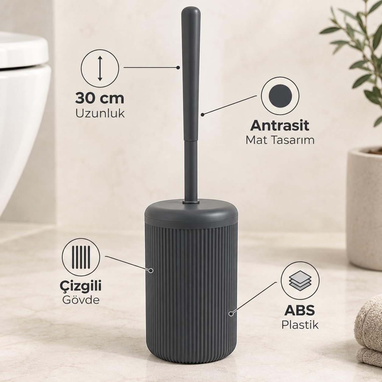 Siyah Çizgili Lüks Tuvalet Fırçası Seti – 30 cm Uzunluk | Modern, Şık ve Dayanıklı Banyo Aksesuarı | Kaymaz, Hijyenik Tasarım