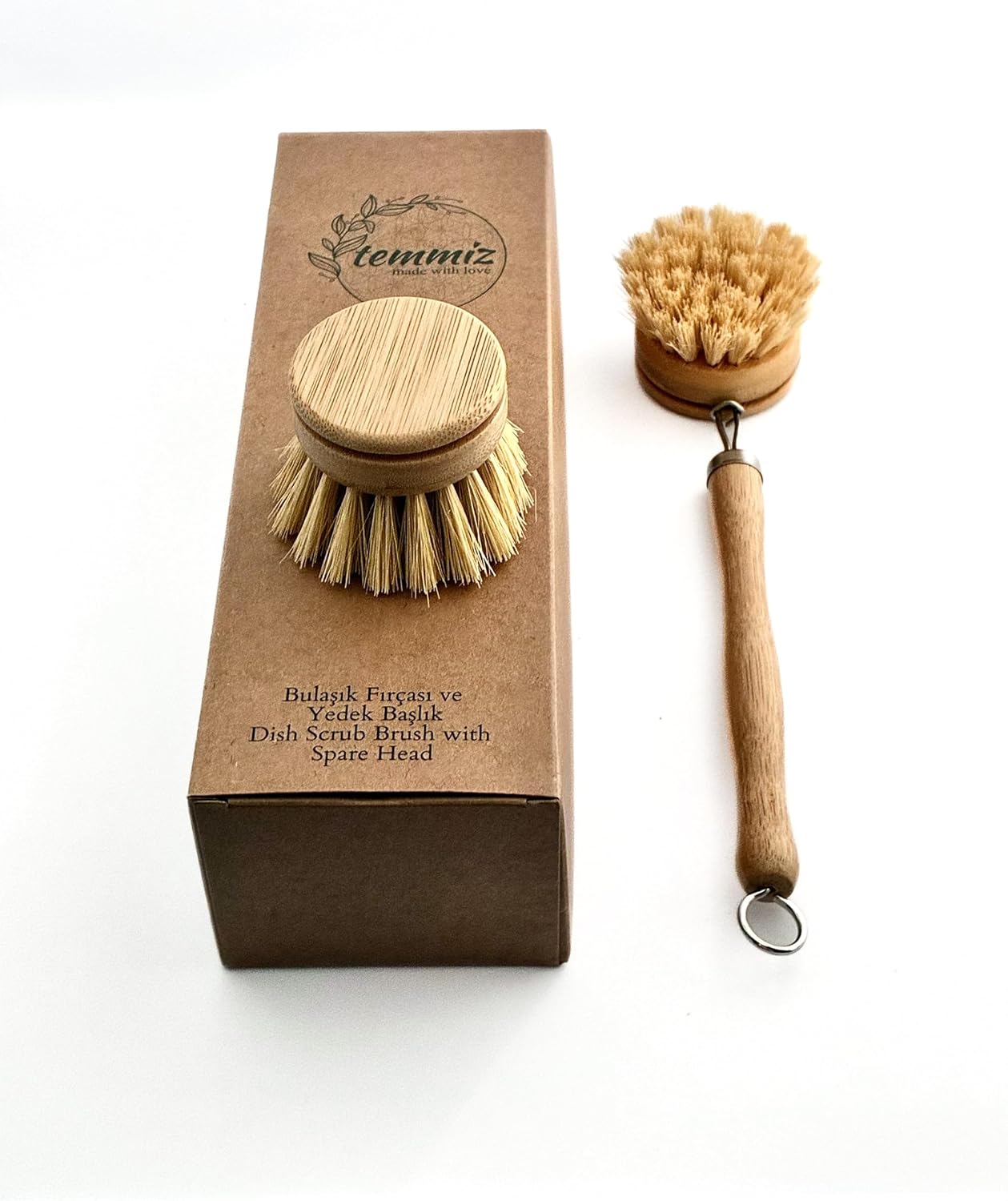 Değiştirilebilir Başlıklı Bambu Bulaşık Fırçası, Kolayca Değiştirilebilir Sisal Fırçalı Başlık, Ergonomik Bambu Sapı, Paket İçerisinde Bir Adet Ekstra Yedek Başlık
