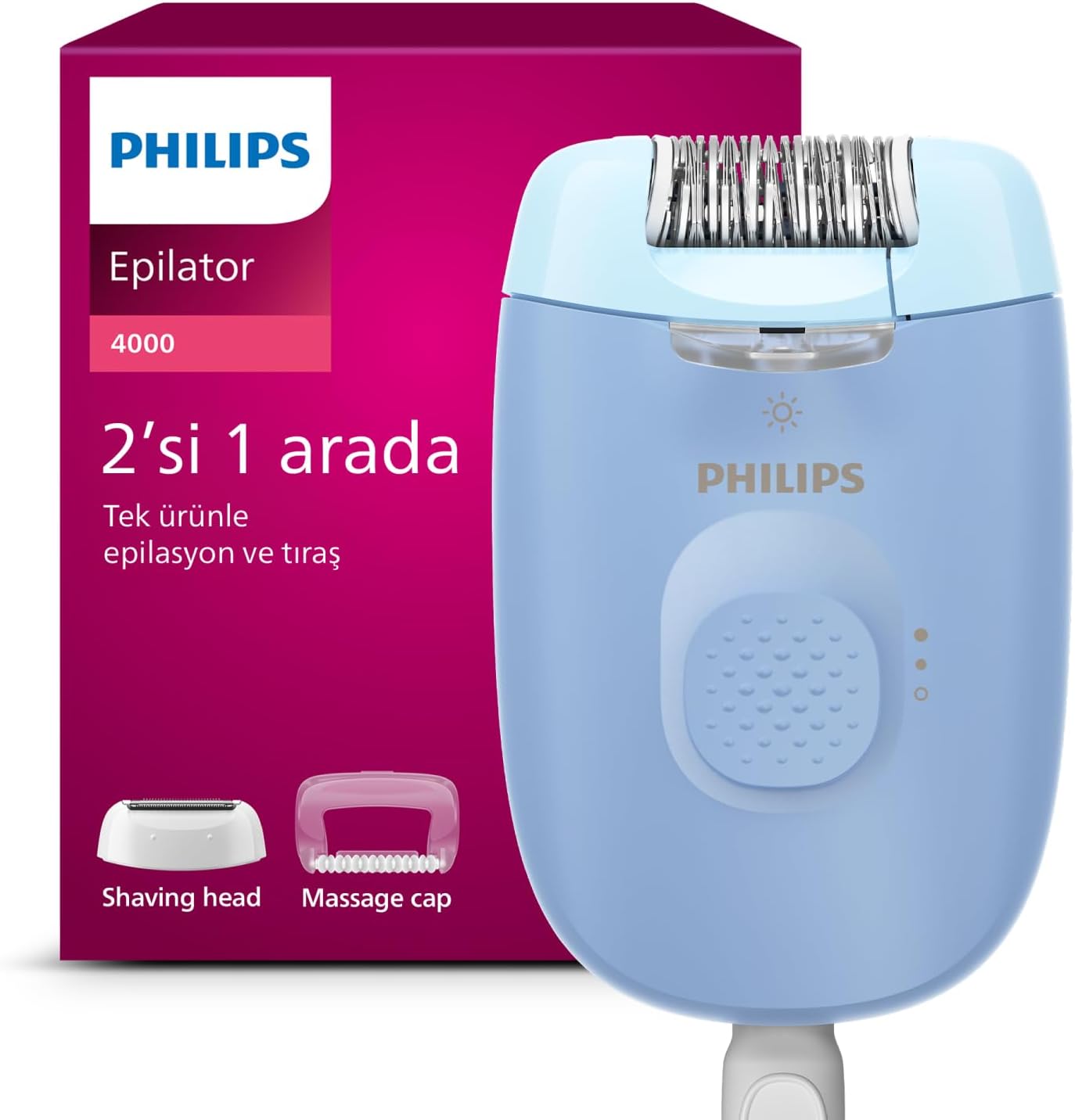 Epilasyon Cihazı, Taşınabilir Kompakt Tasarım, LED Işıklı Yıkanabilir Başlık, Masaj ve Tıraş Başlığı, Peeling Eldiveni Hediyeli, 4 Haftaya Kadar Pürüzsüzlük, Açık Mavi Renk, BRE247/05