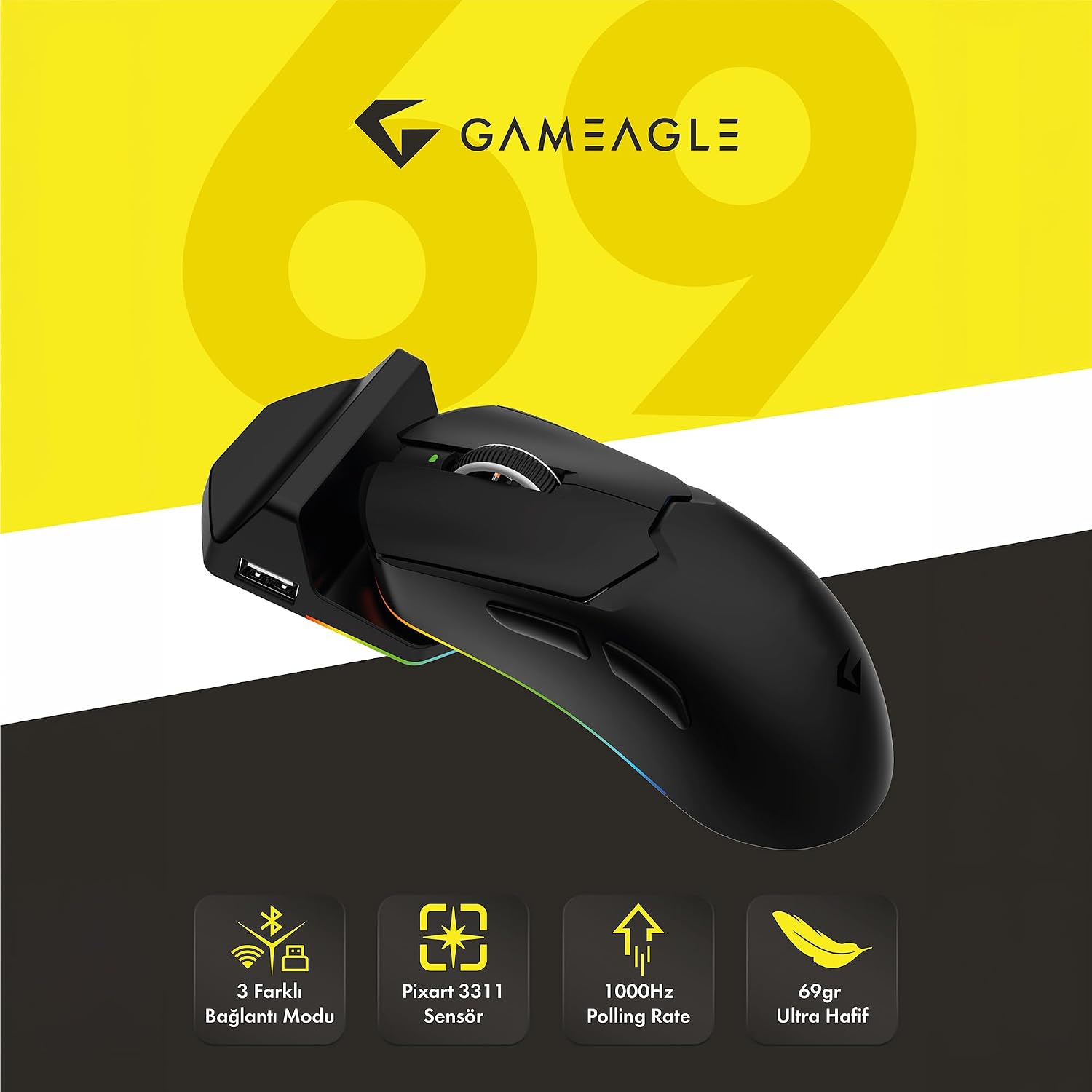 Tracker Pro RGB Kablosuz 2.4Ghz Bluetooth Kablolu Dock Şarj İstasyonlu 69gr 1KHz 12000DPI Oyuncu Mouse (siyah)