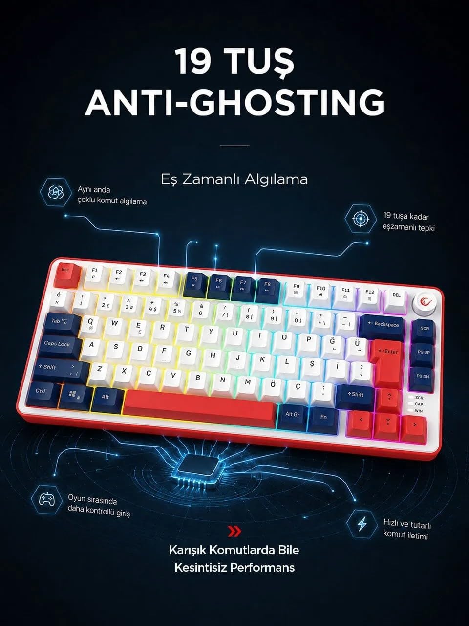 Clicky 75 Beyaz/lacivert/kırmızı Mekanik Hisli Rgb Q Membrane Oyuncu Klavyesi