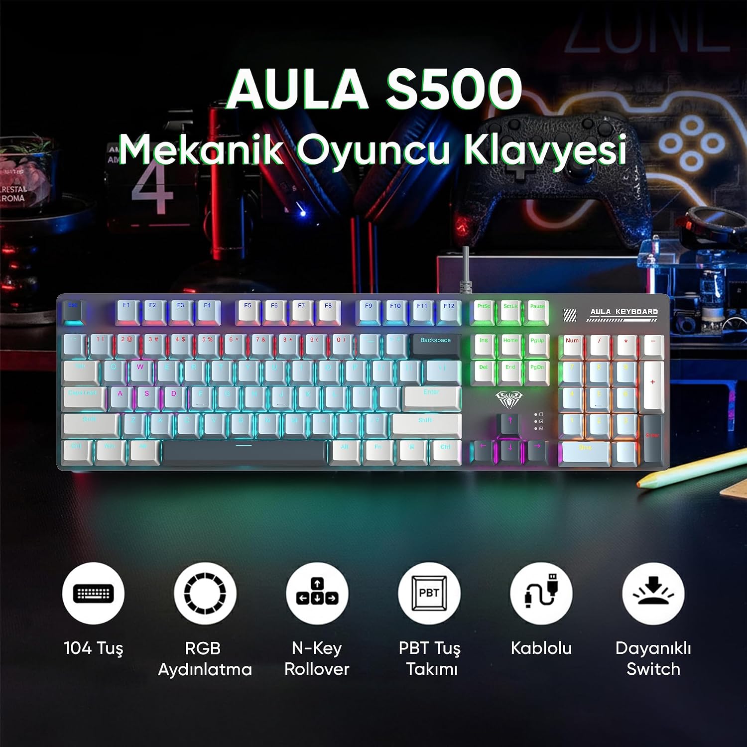 S500 Blue Switch RGB Makrolu Kablolu Gaming Mekanik Oyuncu Klavyesi Mavi