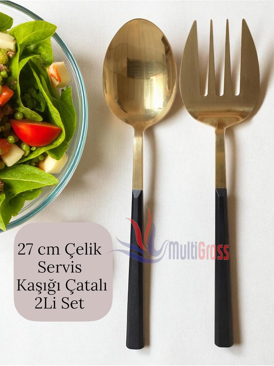 Büyük Boy Çelik Servis Kaşığı Servis Çatalı 27 cm 2Li Set, Altın