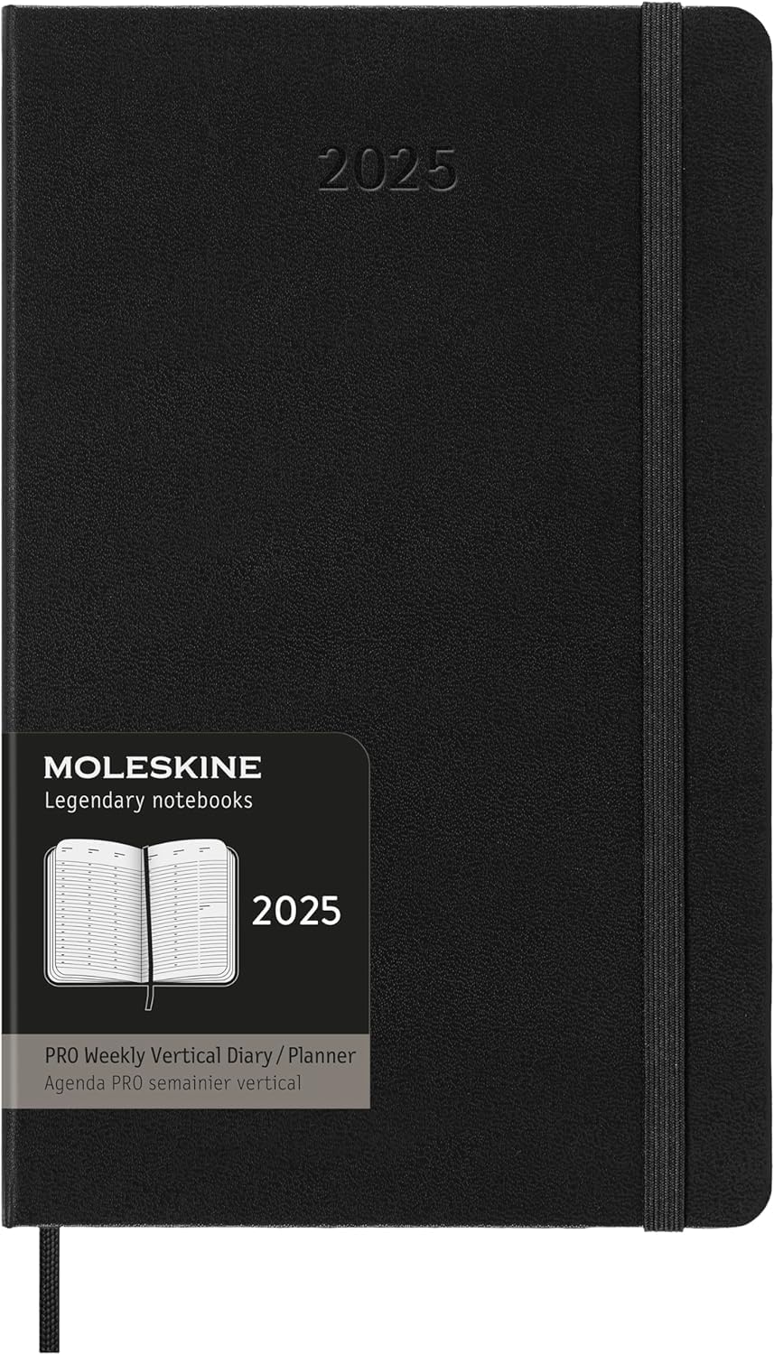 PRO 12 Ay 2025 Haftalık Dikey Planlayıcı, Sert Kapak, Büyük (5" x 8.2"), Siyah, 288 sayfa