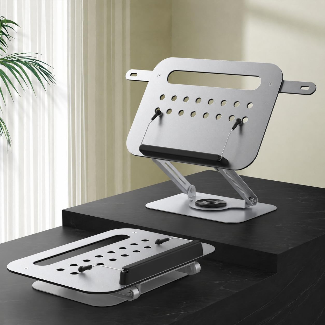 Katlanabilir Alüminyum Kitap Standı ve Laptop Standı, 360° Döner Taban, Yüksekliği ve Açısı Ayarlanabilir, Genişleyebilir Kitap Tutuculu Masaüstü Okuma ve Tablet Standı | R55