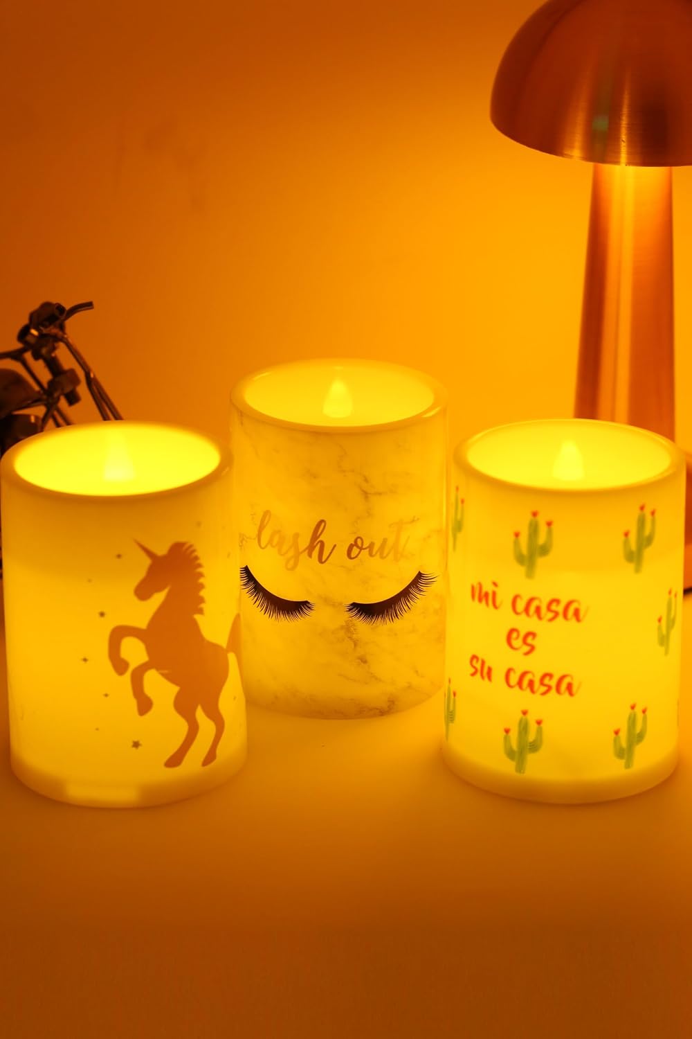 Led Mum Bardak Tipi Pilli Dumansız Alevli Dekoratif Yapay Mum Işıldak Dekor Lambası 10 cm (3'lü (Unicorn Kirpik Kaktüs))