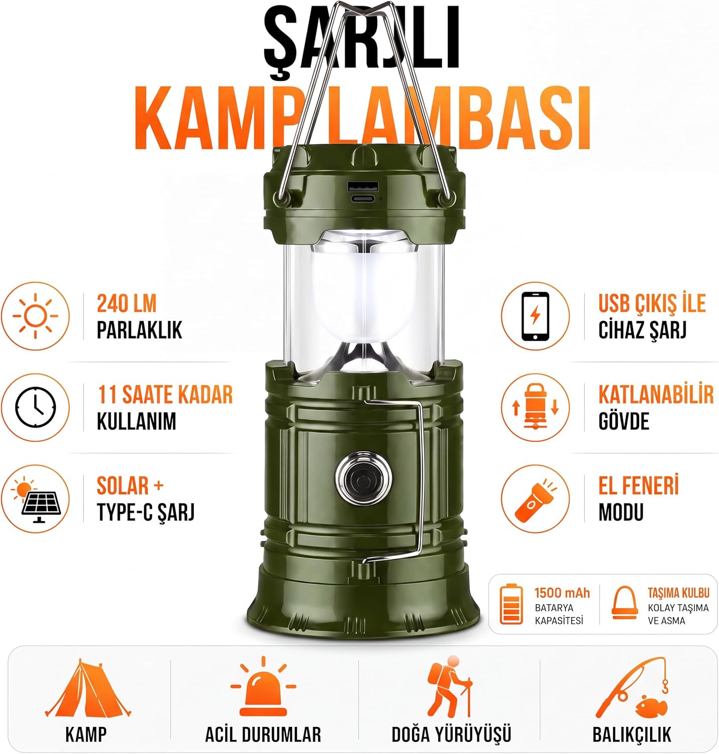 3 Fonksiyonlu Şarjlı Solarlı Kamp Lambası El Feneri Powerbank Özellikli Taşıma Kulplu Haki 5800T