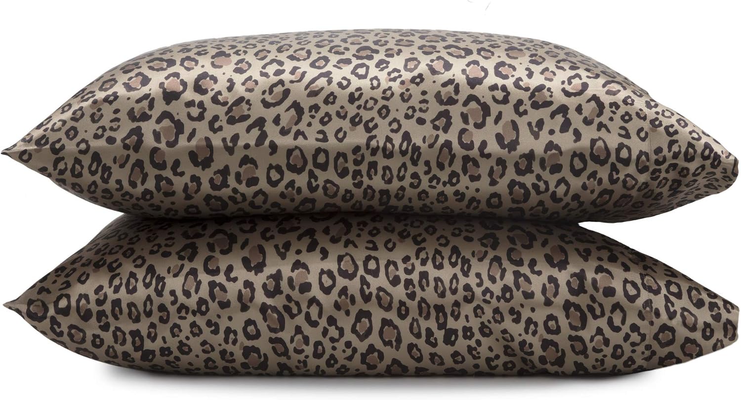 Elegance Seduction 1S51570 Saten Leopar Hayvan Baskı İpeksi Kolay Bakım Makinede Yıkanabilir Yastık Kılıfı Çift Standart Boyut, 2'li Paket, Kahverengi