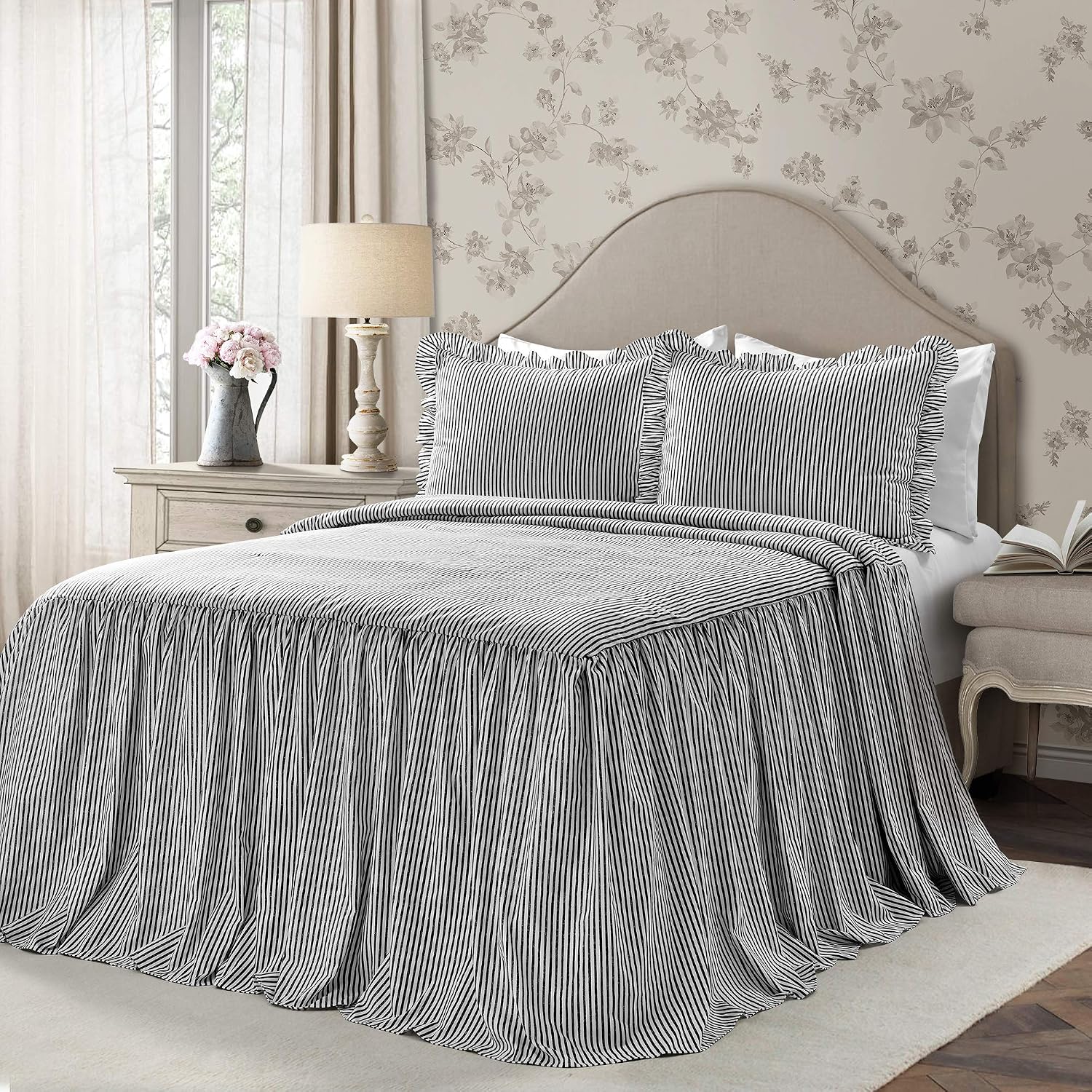 Yatak örtüsü, çizgili desen, eskitilmiş şık tarzı, hafif, 3 parçalı set, siyah