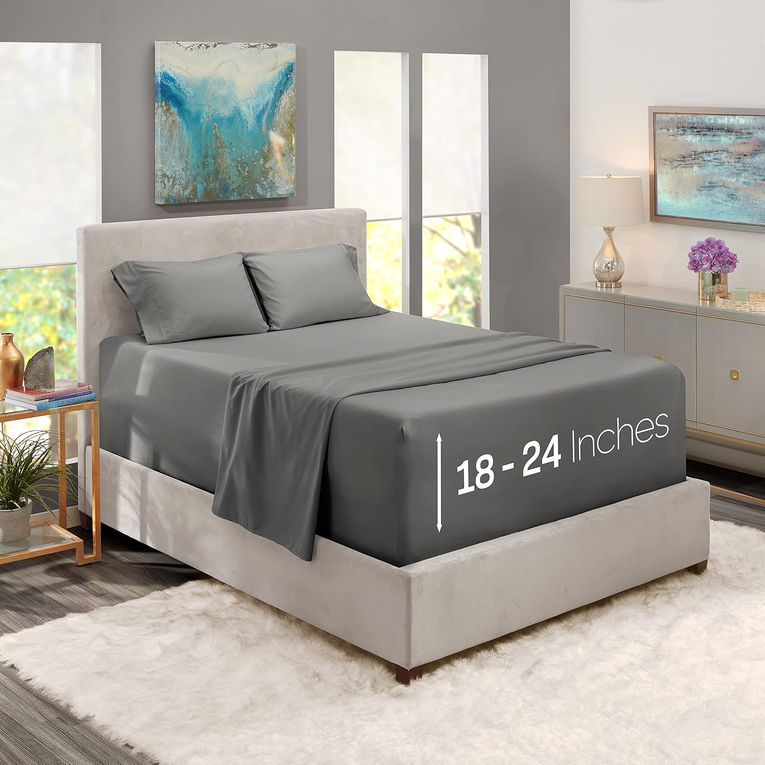 Ekstra Derin Cep Çarşafları - 18-24 İnç Derinliğinde Yataklara Uygun, Ekstra Derin Cep California King Size Çarşaflar, 4 Parça Cal King Çarşaf, Cal King Çarşaf Derin Cep, Kömür Taşı Gri