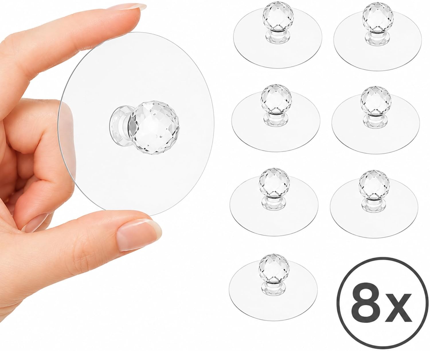 8'li Kristal Başlı, Yapışkanlı Çekmece Kulpu, Dolap Kulpu, Şeffaf Kendinden Yapışkanlı Kulp ve Askı, Delmeden Montaj