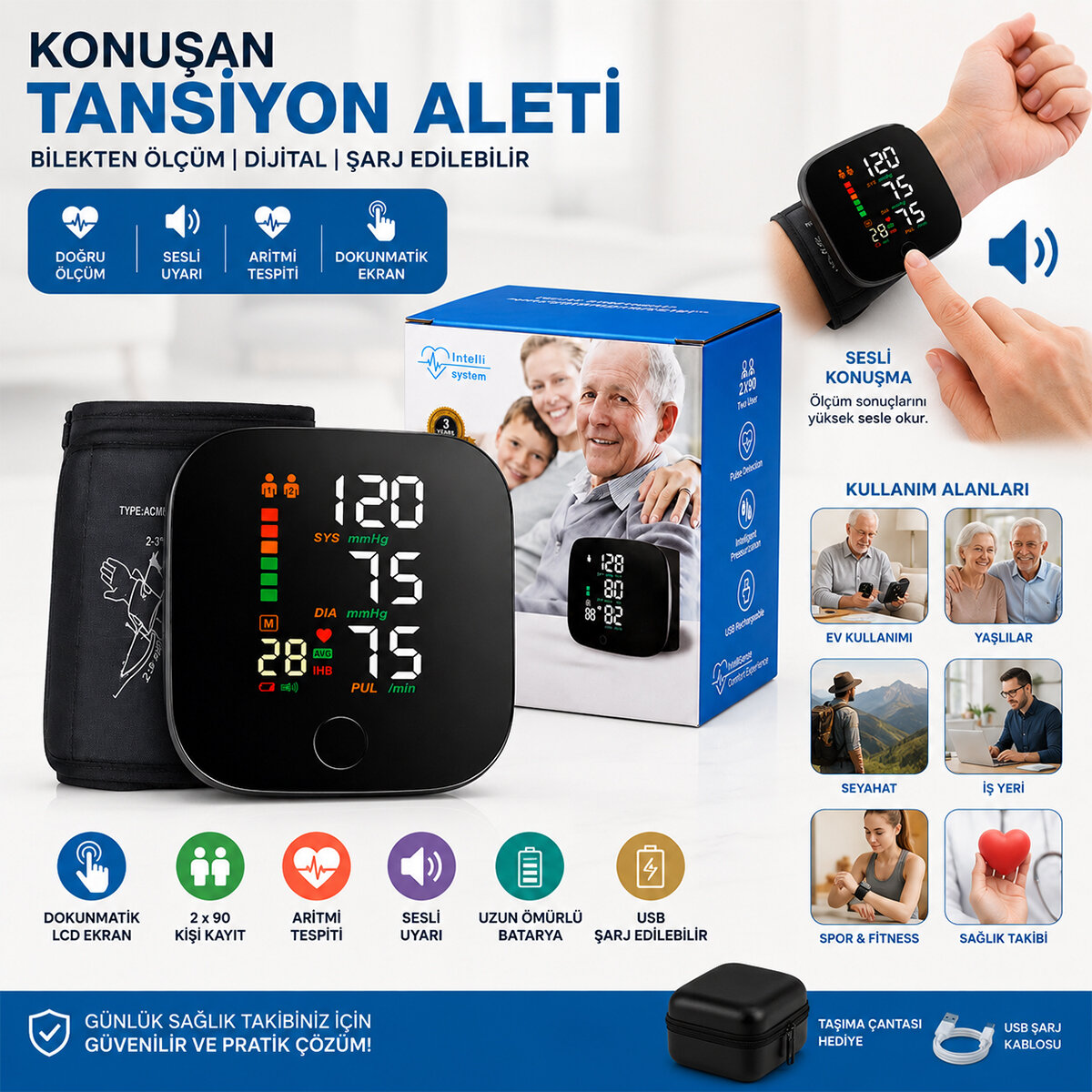 Bilek Ölçüm 7X8.3CM Usb Sarjlı - Dijital Konuşan Tansiyon Aleti BK-606