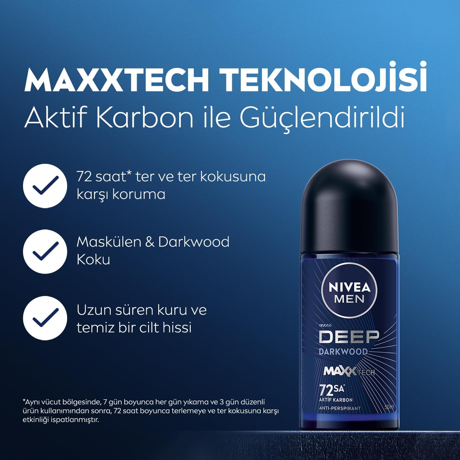 Erkek Roll on Deodorant Deep Darkwood 50 ml,72 Saat Ter ve Ter Kokusuna Karşı Koruma,Maskülen Ferah Koku,Aktif Karbon,Yapışkan His Bırakmaz