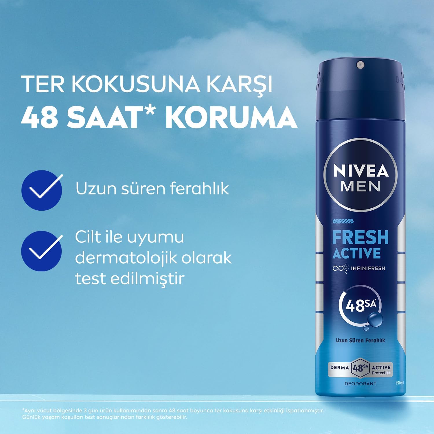 Erkek Sprey Deodorant Fresh Active 150 ml,Ter Kokusuna Karşı 48 Saat Koruma,Okyanus Özleri,Uzun Süren Ferahlık,Alüminyum İçermeyen Formül