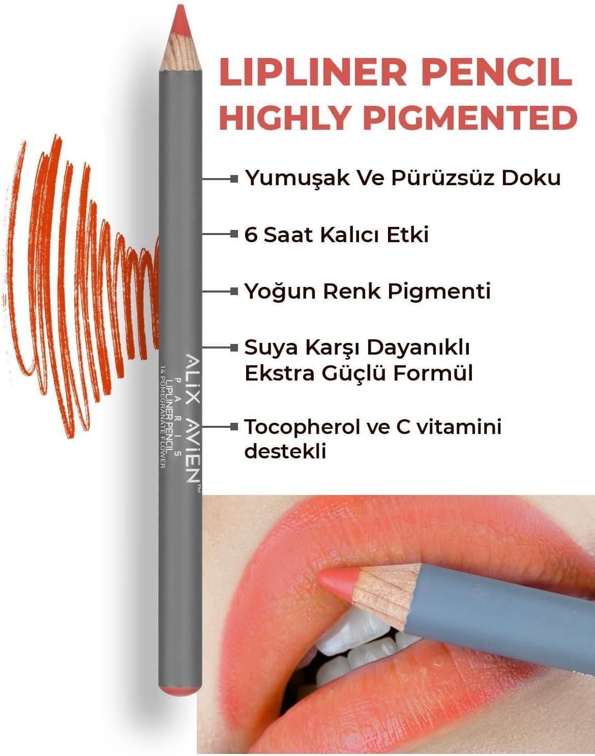 Uzun Süre Kalıcı Dağılma Yapmayan Nemlendirici Dudak Kalemi - Lipliner Pencil 14 Pomegranate Flower