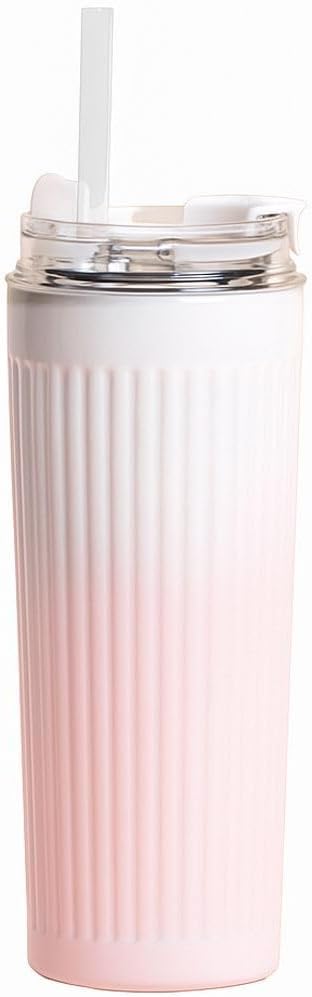 304 L Çelik 500 ml. Pembe Beyaz Degrade Pipetli El Termos Mug cin913pm