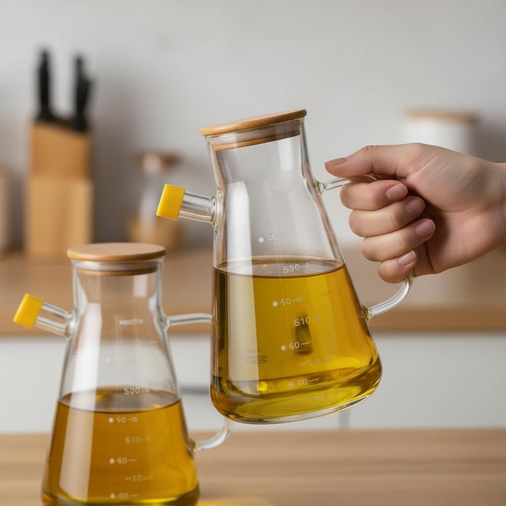 2'li Büyük Boy Şeffaf Cam Yağdanlık Seti - Bambu Kapaklı ve Standlı Elmas Desenli Yağlık Sirkelik (2 x 900 ml)