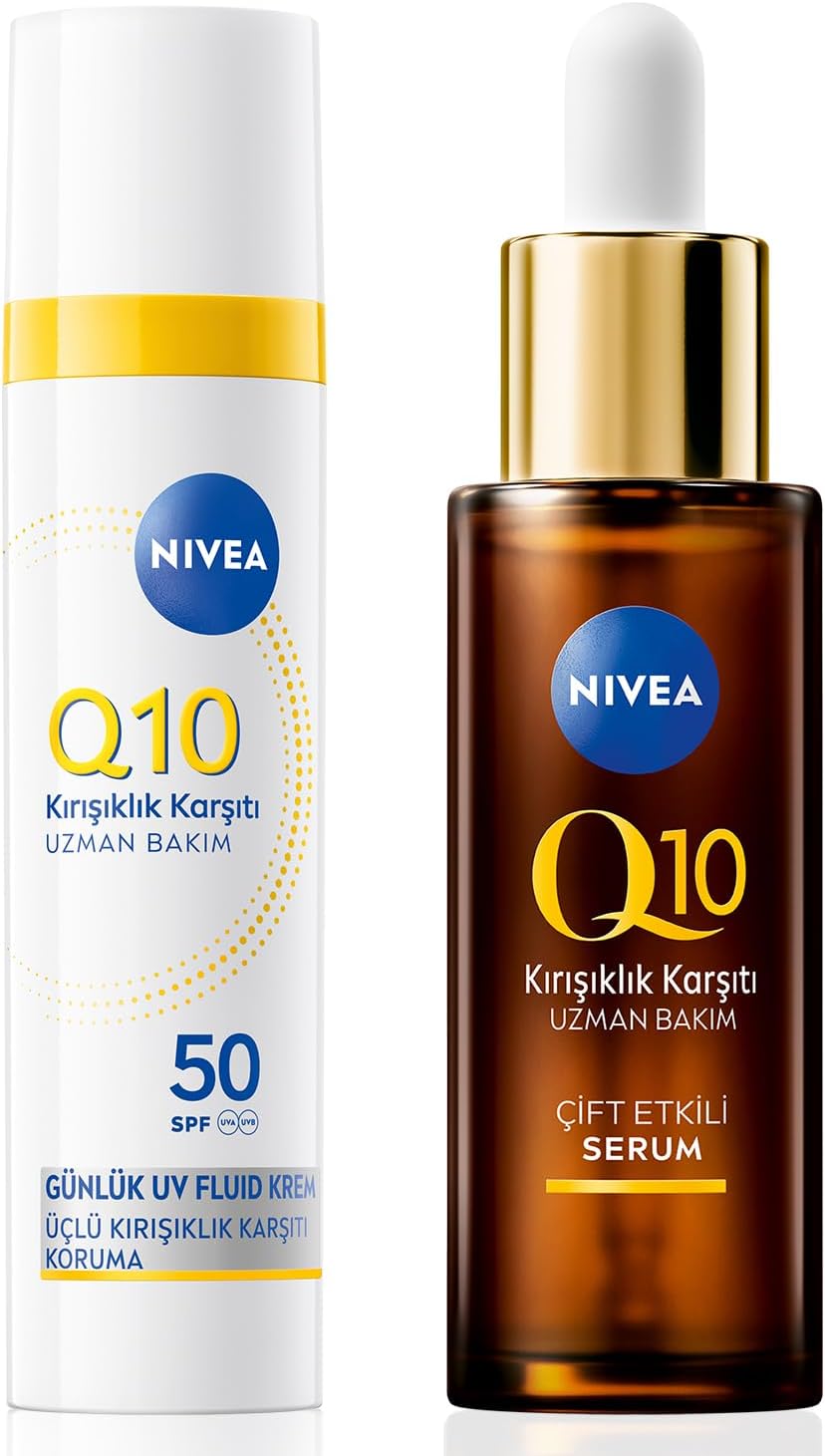 Q10 SPF50 Güneş Koruyucu Yüz Bakım Kremi 40ml ve Kırışıklık Karşıtı Çift Etkili Cilt Serumu 30ml
