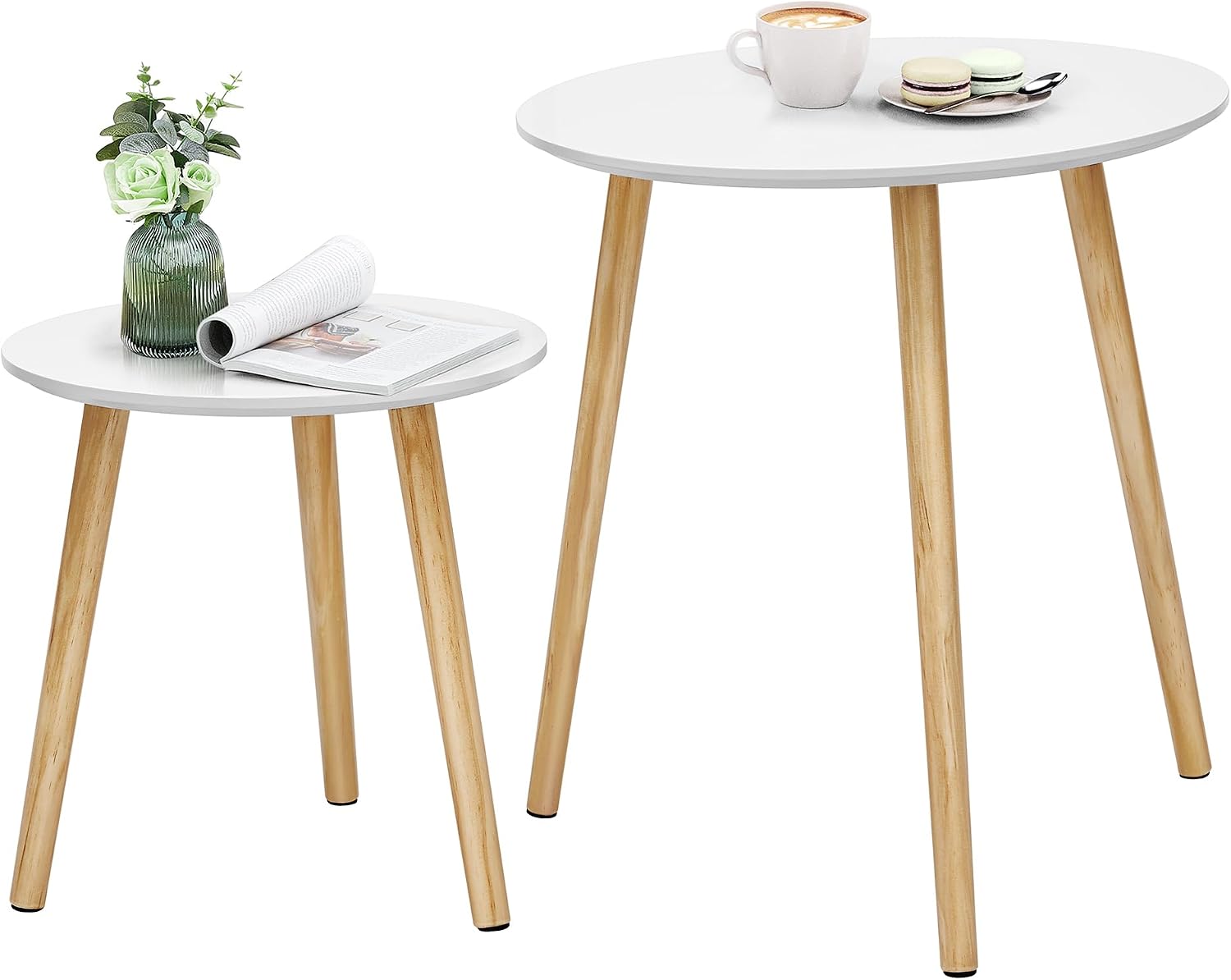SONGMICS Yan Sehpa Seti, Yuvarlak, 2 Modern Kanepe Sehpası, Minimalist, Iskandinav Tarzı, Masif Ahşap Ayaklar, Oturma Odası ve Balkon İçin Sehpa Kombinasyonu, Çam Let07Wn