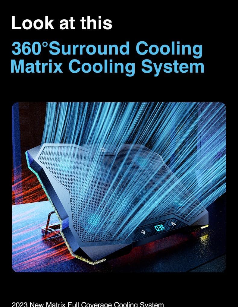 Şok Soğutma Profesyonel 360° Surround Soğutmalı Çok Fanlı Laptop Soğutucu Stand, 10 Yüksek Hızlı Fan, Sessiz Çalışma, Metal Mesh Yüzey, Geniş Uyumlu Soğutma Pedi, Dijital Ekranlı | LZ-D11