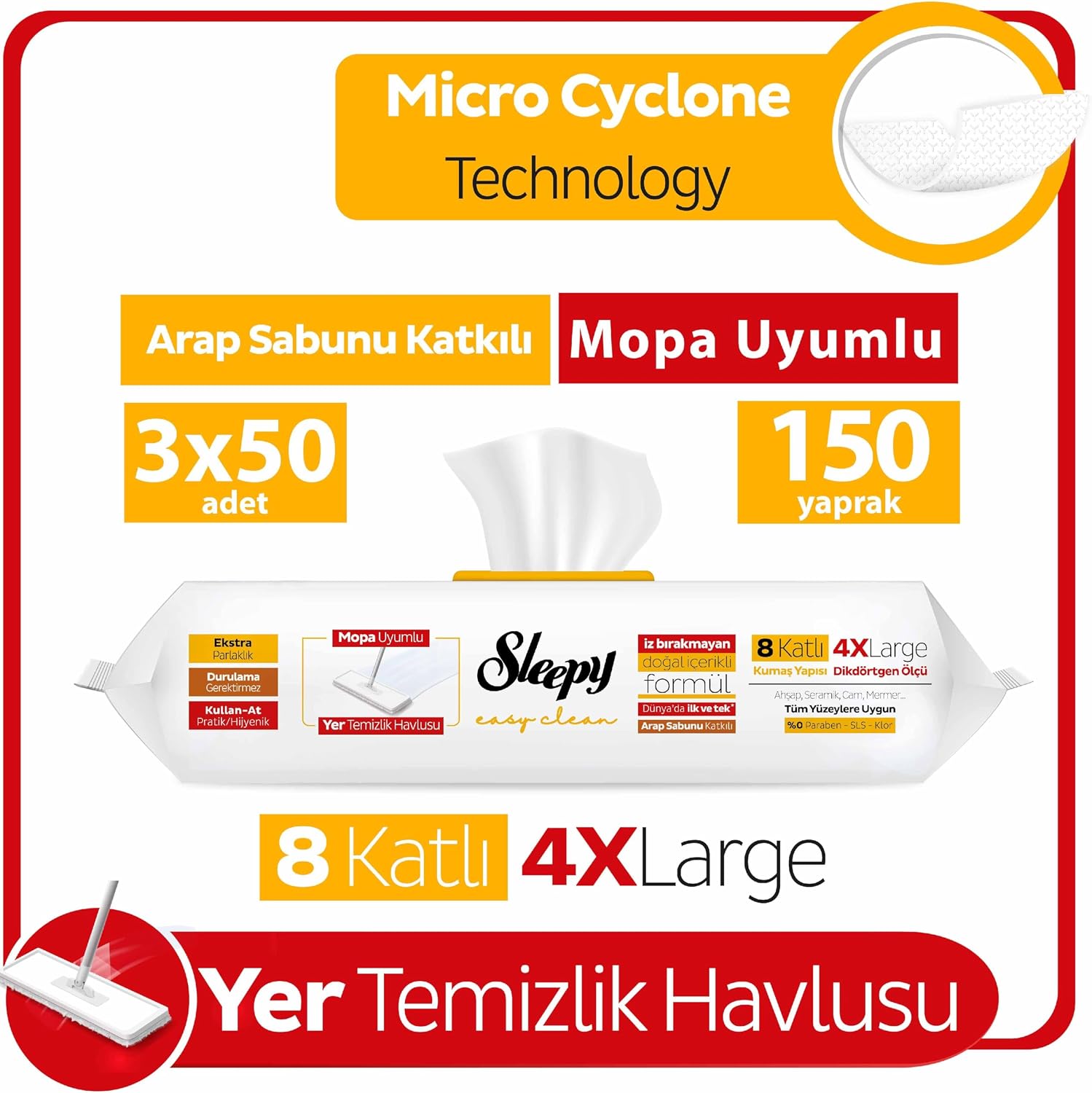 Easy Clean Arap Sabunu Katkılı Mopa Uyumlu Yer Temizlik Havlusu&Mendili 3x50 (150 Yaprak)