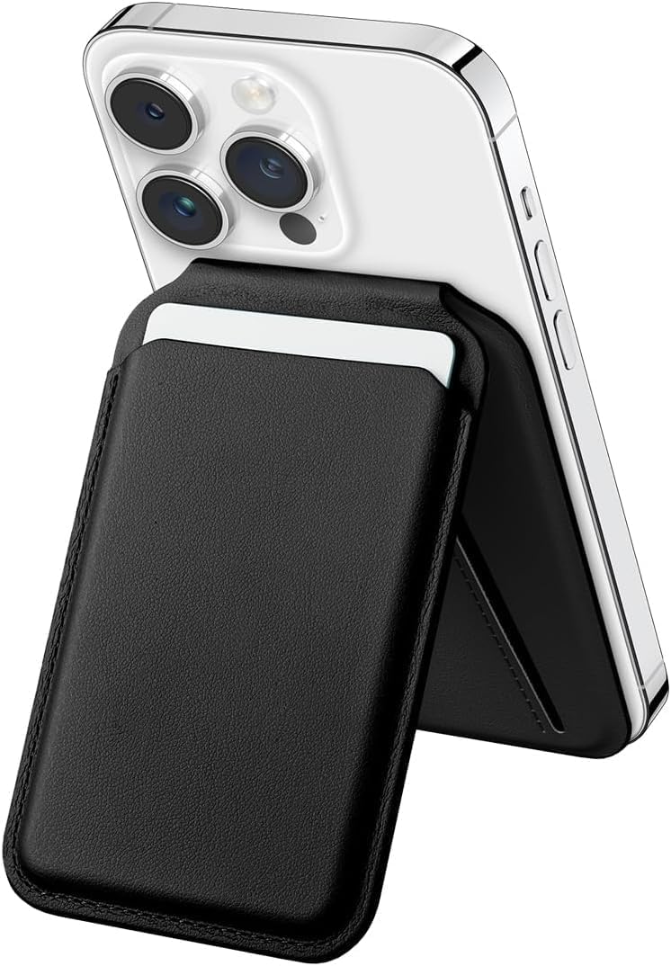 Apple iPhone 17/16/15/14/13/12 Serisi için Cüzdan MagSafe ile Uyumlu Telefona Tam Oturan Güçlü Manyetikli Sıkı Tutuş Sağlayan ve Düşme Yapmayan PU Deri Cüzdan Kartlık (Siyah-Stantlı)