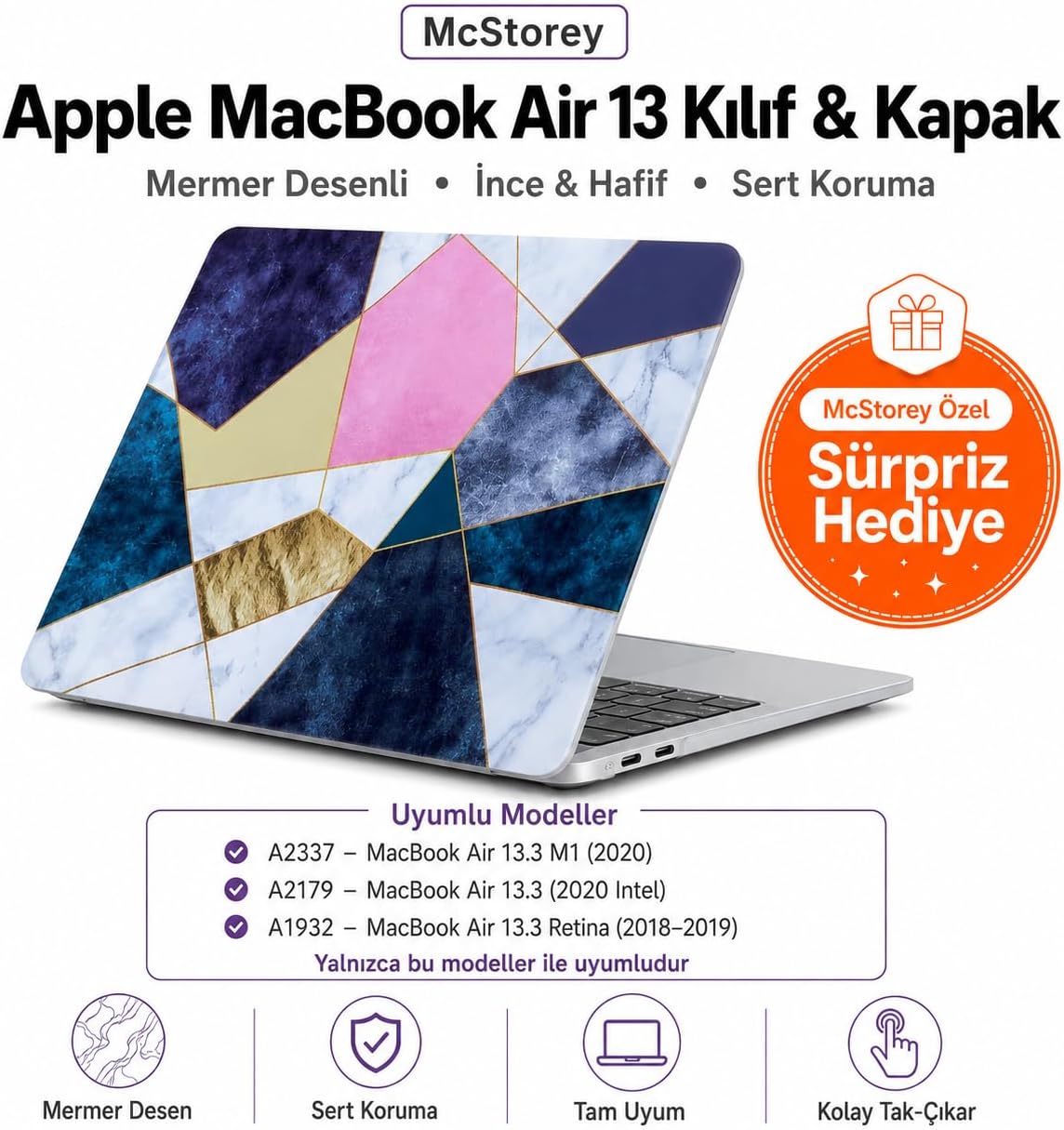 MacBook Air 13.3 İnç Kılıf A1932 A2179 A2337 M1 Uyumlu Hard Case Sert Koruyucu Kapak Geometrik Mermer Desenli İnce Hafif Laptop Kılıfı