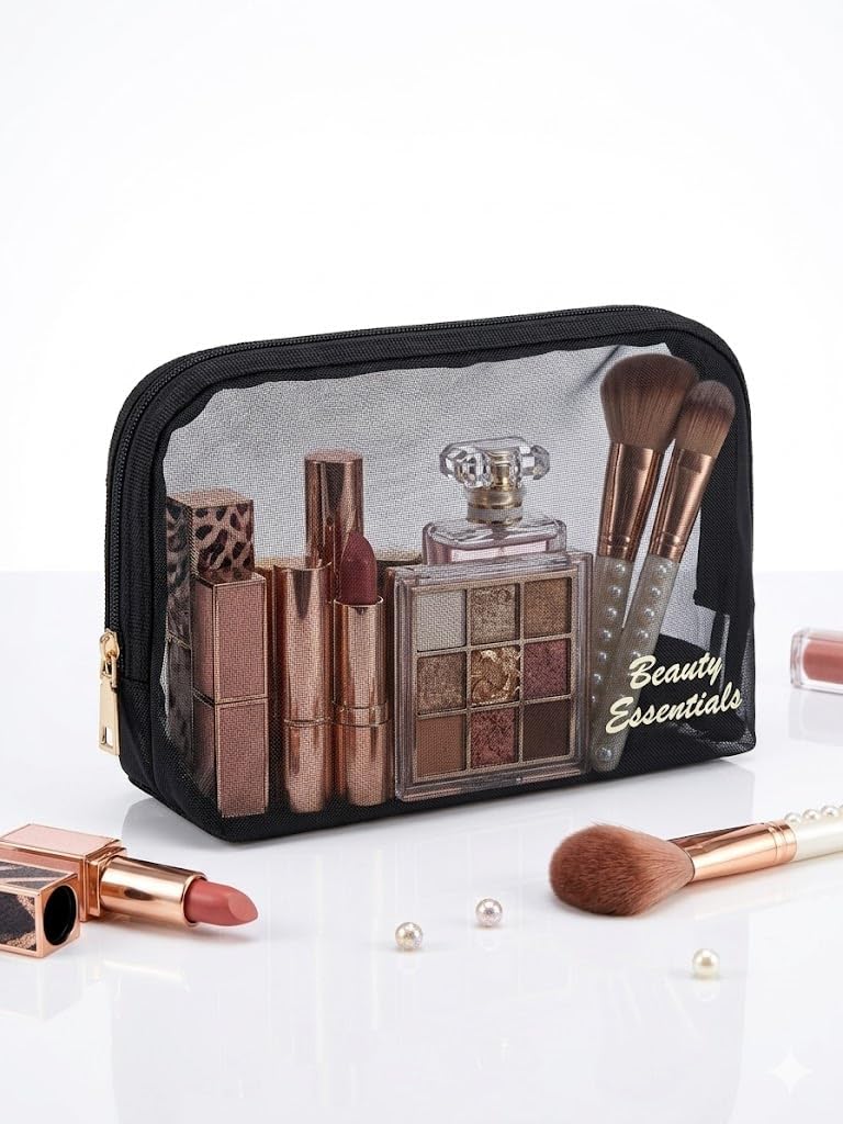 Beauty Essentials Şeffaf File Makyaj Çantası - Siyah Transparan Kozmetik Düzenleyici ve Seyahat Tipi Makyaj Organizeri