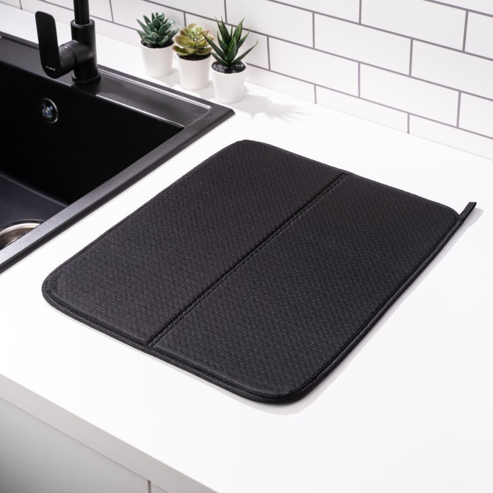 Mutfak Tezgahı için Bulaşık Kurutma Paspasları, Çeşitli Amaçlar İçin Süper Emici Mikrofiber Bulaşık Süzgeci, Şık ve Etkili, Hızlı Kuruyan Bulaşık Matı, 43 cm x 35 cm, Siyah