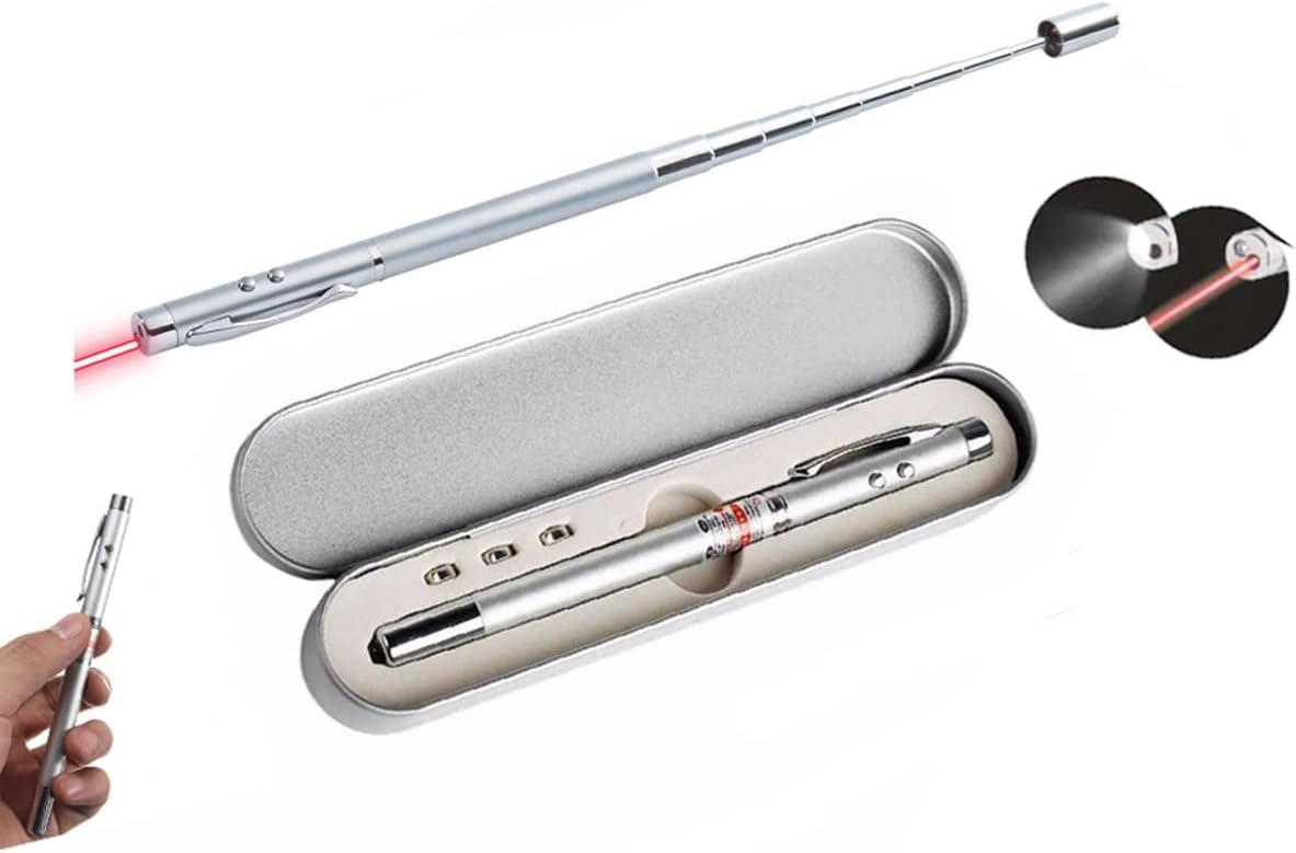 Metal Kutulu Kırmızı Lazerli, Led Işıklı Mıknatıslı Pointer Kalemi İşaretçi Uzayabilen Sunum Çubuğu Teleskopik Metal Tükenmez Kalem (PRS-1521G)