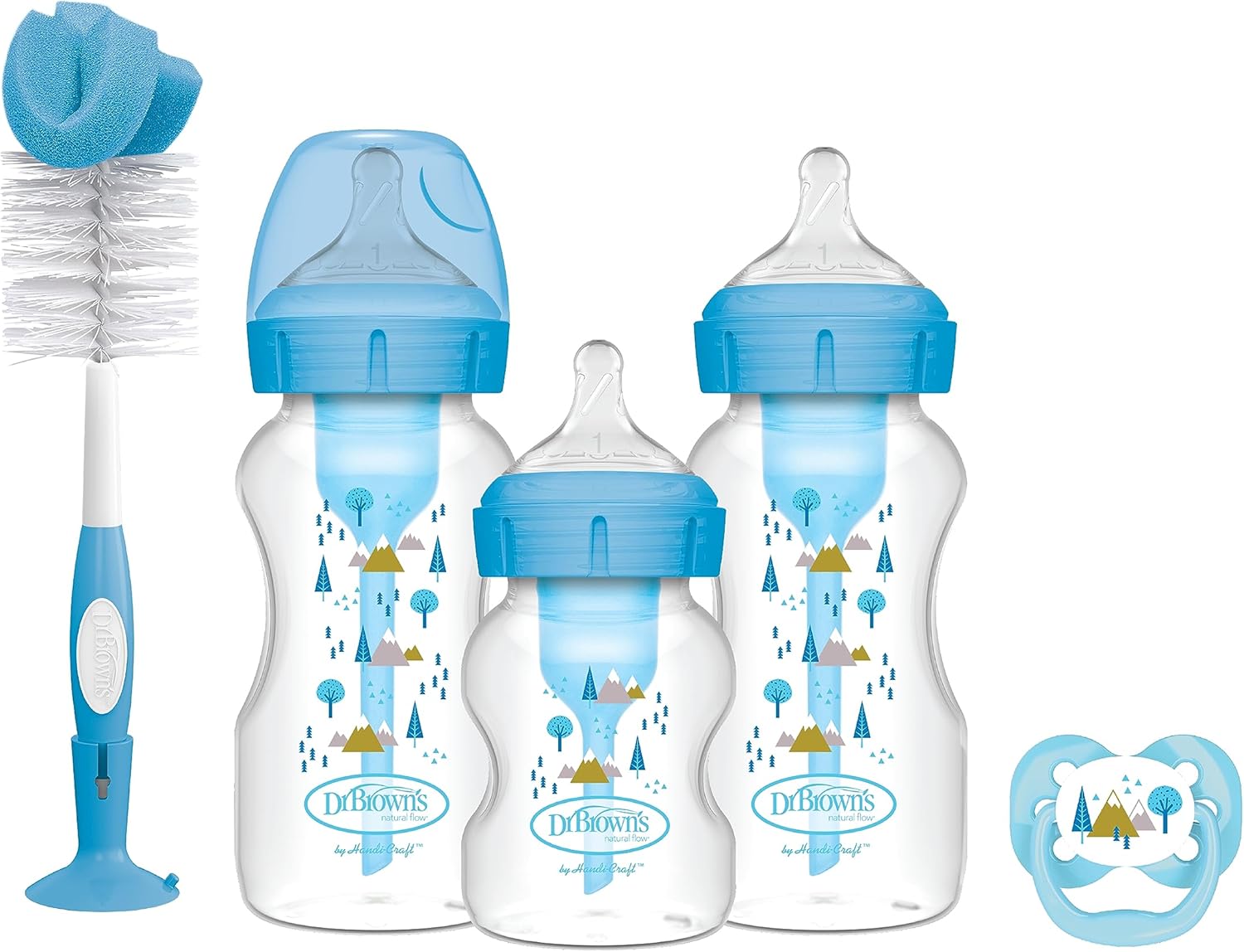 Geniş Ağız Anti-Kolik Options+ PP Biberon Mavi Hediye Seti (2x270 & 1x150 mL Biberon, 1 Emzik Biberon Fırçası, 1 Emzik, 2 Fırça)