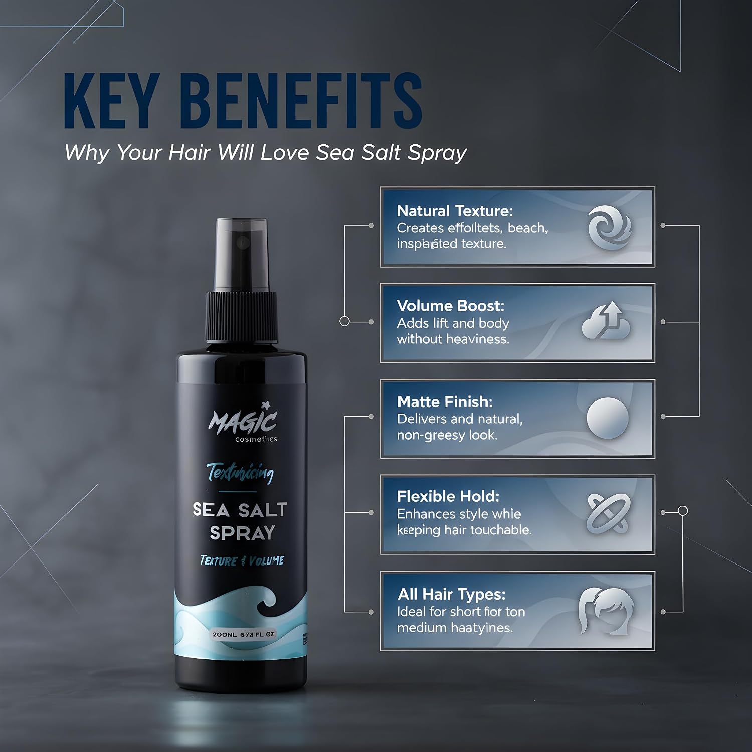 Profesyonel Deniz Tuzu Saç Spreyi 200ml – Doğal Dalgalar, Hacim Veren ve Mat Görünüm Sağlayan Formül – Tüm Saç Tipleri İçin, Unisex Sea Salt Spray