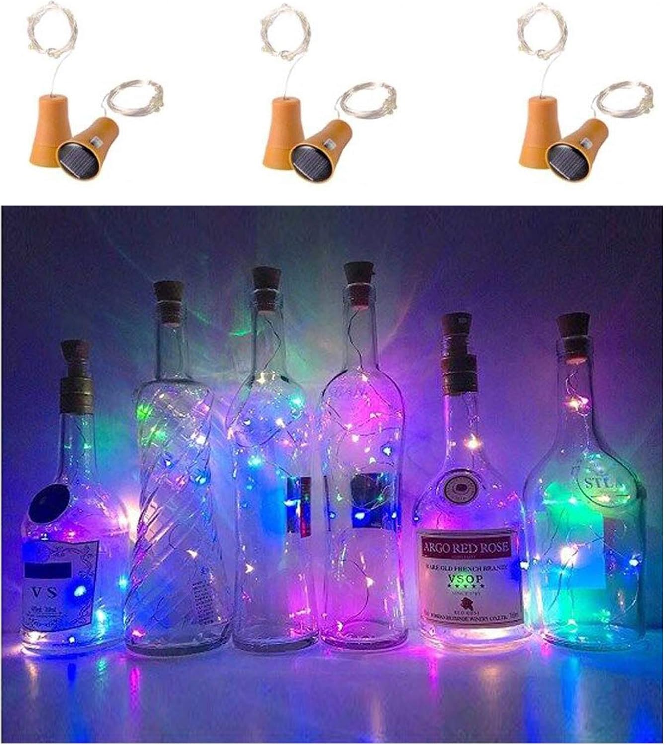 6'lı Paket Güneş Enerjili Şarap Şişesi Işıkları, 20 LED Su Geçirmez Bakır Mantar Güneş Işığı Düğün, Noel, Dış Mekan, Tatil, Bahçe, Veranda, Yol Dekoru için (Renkli)