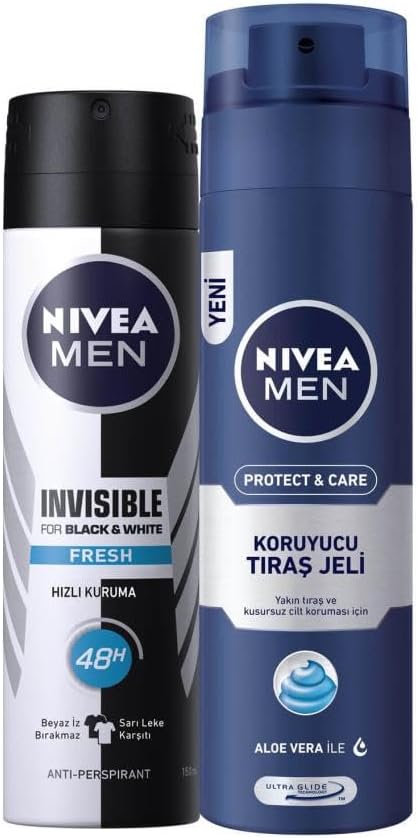 Men Erkek Sprey Deodorant Black&White Invisible Fresh 48 Saat Anti-perspirant Koruma 150ml ve Men Protect&Care Tıraş Jeli 200ml, Kuru Ciltler İçin, Pürüzsüz Tıraş