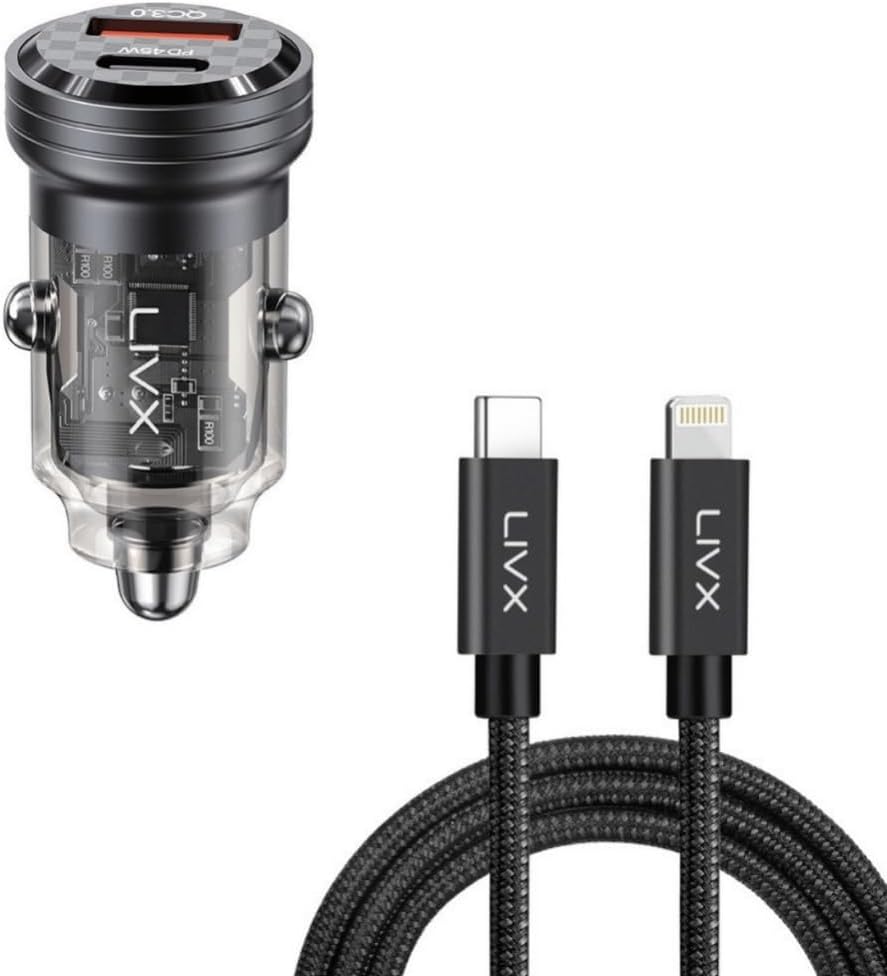 Transparent 45W PD/QC Mini Araç şarj Cihazı ve 50cm iPhone Hızlı Şarj Kablosu L35 - BLT-50