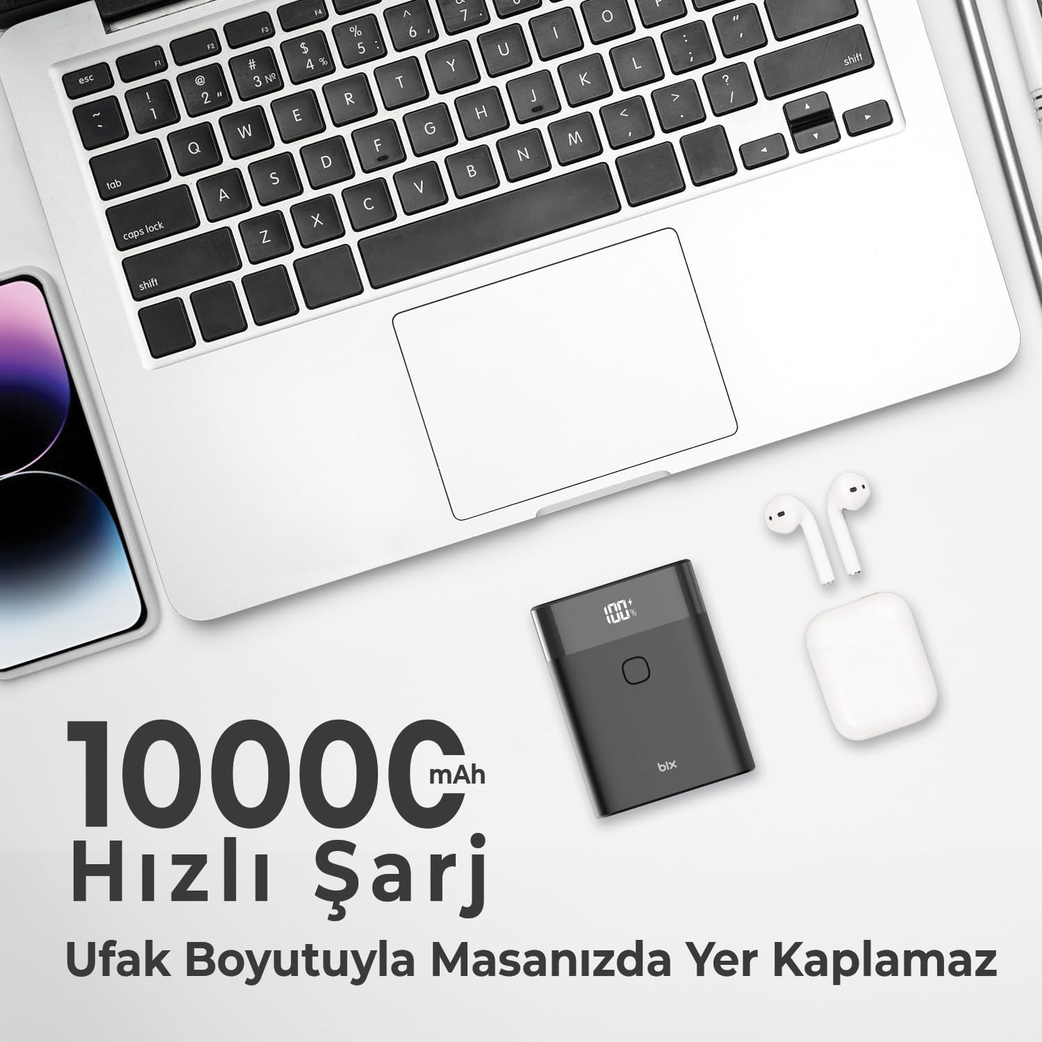 PB20W 10000MAH Type-C ve USB Çift Çıkışlı Dijital Ekranlı Mini Powerbank Siyah iPhone Huawei Uyumlu