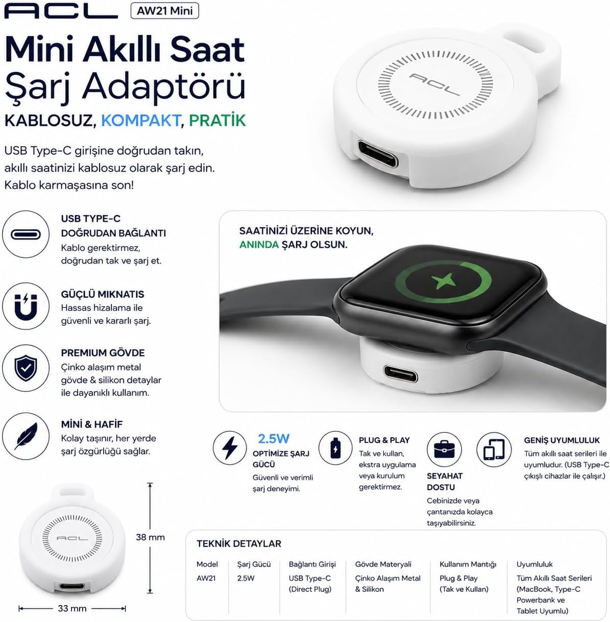 AW21 Apple Watch için Kablosuz Şarj Cihazı | 2.5W USB-C Girişli, Çinko Alaşım Metal Gövdeli Mini Taşınabilir Şarj Adaptörü